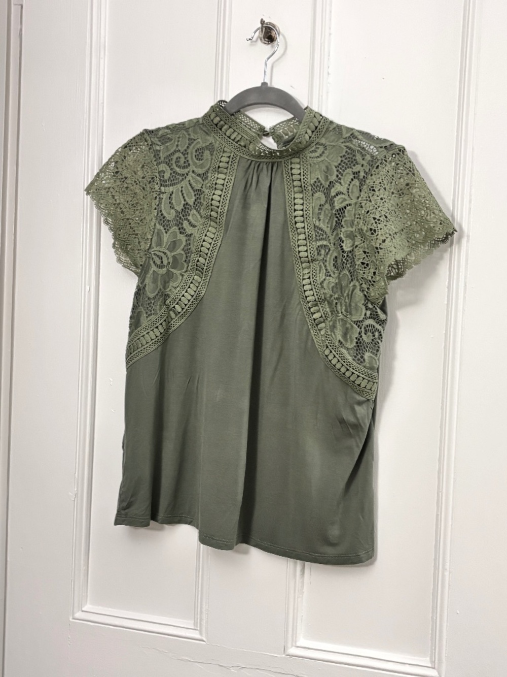 Olive green blouse Lace Mock Neck